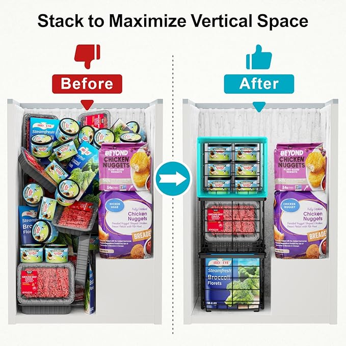 iSPECLE Freezer Organizer Bins - for 3.5 Cu.Ft Deep Freezer, 3 Pack Stackable Chest Freezer Organizer Bins with Label Plates & Folding Handles, Heavy Duty Metal Storage, Assembly Required, Black