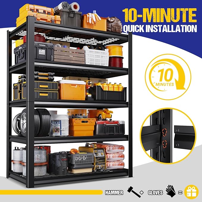 Set of 2 Garage Shelving Heavy Duty 5-Tier Storage Shelves, Adjustable Metal Shelving Unit, Utility Garage Organizer Shelf for Basement, Pantry, Kitchen, Warehouse,15.7" Dx35.4 Wx71 H, Black