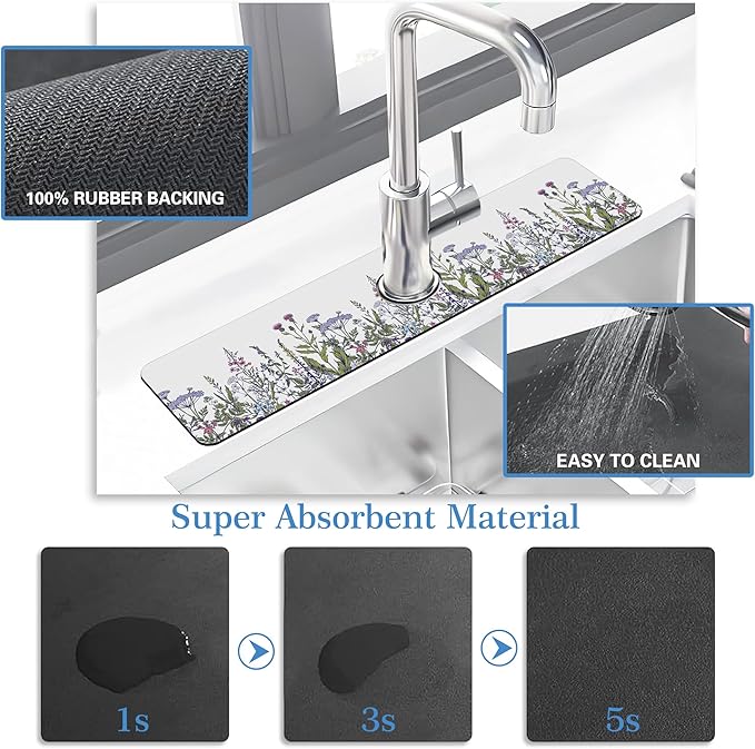 Faucet Mat Splash Guard Botanical Herbs Wild Flower, Soft Diatom Mud Material, Strong Water Absorption, Non-slip,Easy to Clean for Bathroom, Kitchen 23.5"X5.5"