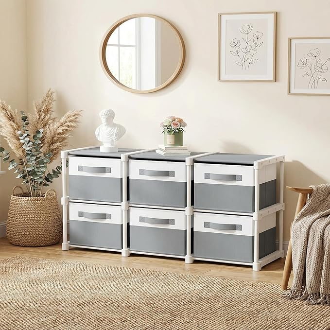 Thyle Large Cube Storage Organizer Shelf with 6 Bins 14 Inch Fabric Collapsible Cubby Storage Drawers Shelving Unit for Christmas Ornaments Clothes Toys Craft(Gray-white,Minimalist)