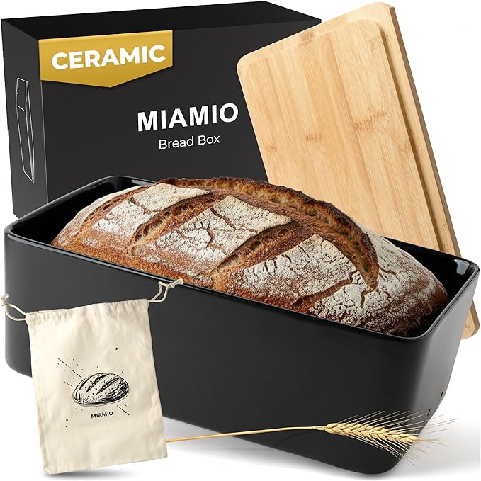MIAMIO – Bread Box for Kitchen Countertop/Ceramic Bread Box with Cutting Board, Bread Container with Bamboo Lid, 12.6 x 7.9 x 4.5 inches