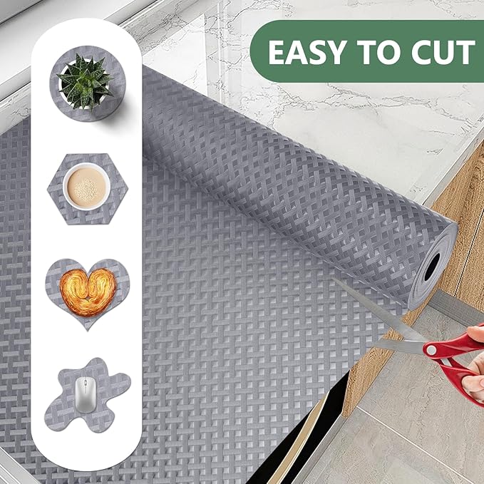 Origuuds Shelf Liners, Non-Adhesive Drawer Liner, Waterproof & Oil-Proof Kitchen Cabinet Cupboard Liner Plastic EVA Material BPA Free Fridge Liner Mats Paper Protector for Shelves (Grey/24in x 240in)