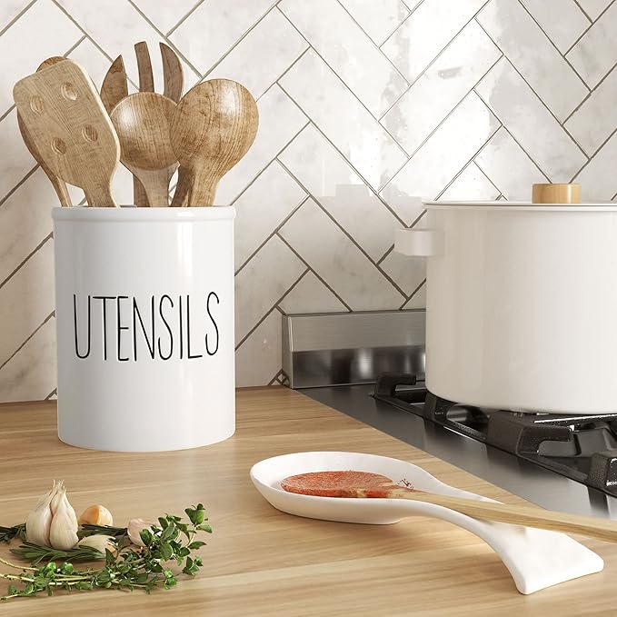 Barnyard Designs Ceramic Farmhouse Kitchen Utensil Holder for Countertop, Decorative Kitchen Utensil Crock for Counter, Spatula Holder, 7" (White)