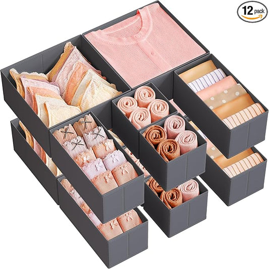 SONGMICS Drawer Organizer, Dresser Drawer Organizers, Set of 12, Foldable Fabric Storage Bins for Socks, Underwear, Bras, Ties, Scarves, Slate Gray URDZ006G03