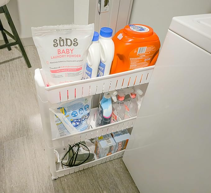 Slim Rolling Storage Cart for Bathroom and Laundry Room Organization - Narrow Space-Saving Mobile Shelving Utility Cart - Versatile Tier Design (White, 4 Tier)