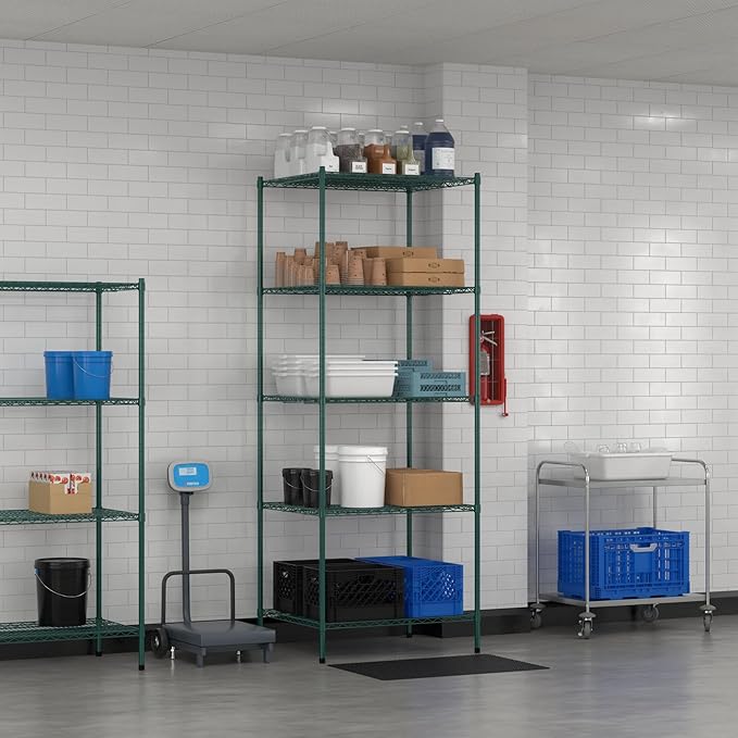Commercial NSF Listed Green Epoxy Stationary Wire Shelving Kit 30" x 36" x 96", with 5 Shelves Perfect for Warehouse, Walk-in Refrigerator, Freezer, Grocery Store, Restaurant, Dishroom