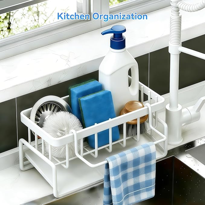 Sponge Holder for Kitchen, Sink Caddy Organizer Rack for Kitchen Accessories, Soap Dispenser Countertop Organizer Essentials for Home (White)