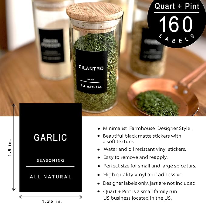 Quart + Pint 160 Spice Jar Labels: Minimalist Matte Black Sticker White Text. Waterproof Stickers. Organization for Jars Bottles Containers Bins. Storage Rack Systems for Kitchen & Pantry Labels.