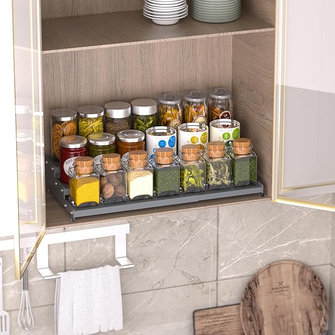 Expandable Carbon Steel Spice Rack Organizer for Pantry, Adjustable 3-Tier Ladder Shelf,Holds Up to 24 Cans,Kitchen Countertop Organizer, Rustproof Storage Rack for Spices, Cans, Sauces & Dry Goods