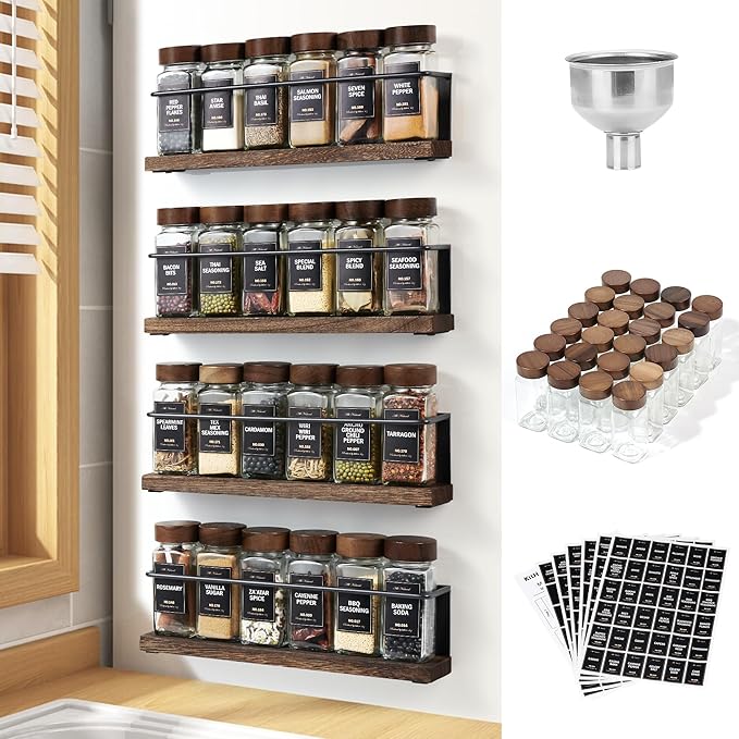 KitHero Wooden Lid Magnetic Spice Rack with 24 Jars, 216 Labels, 1 Steel Funnel for Refrigerator，Microwave Oven - Full Set of Spice Organizer