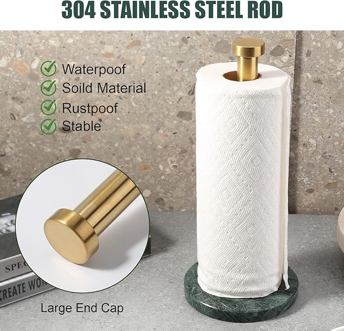 Koville Paper Towel Holder Countertop, Standing Paper Roll Holder with 6" Weighted Marble Base, Stone Paper Towel Holder with Gold Stainless Steel Rod for Kitchen Bathroom (Green)