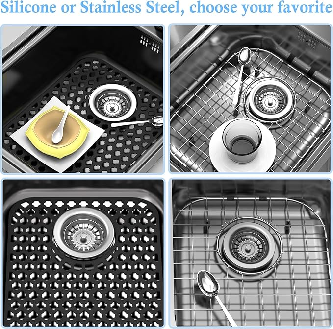 BEHOK 2 Pack Silicone Sink Protector for Kitchen Sink, 13.58" x 11.6" Heat-resistant Sink Mat Non-Slip and Durable Silicone Protectors, Rear Drain, Black