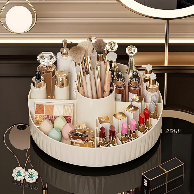 360° Rotate Makeup Organizer, Countertop Skincare Organizer, Large Capacity Multi-Compartment Makeup Brush Lipstick Skincare Organizer, Cosmetic Storage for Dresser Vanity & Bathroom (Beige)