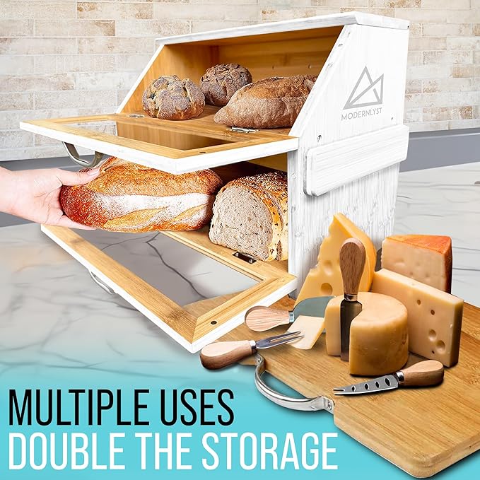 Extra Large White Bread Box with Cutting Board & Knife Set | 7 Piece Set | Bread Boxes for Kitchen Countertop | Bread Storage Container | Bamboo Breadbox | Assembly Required