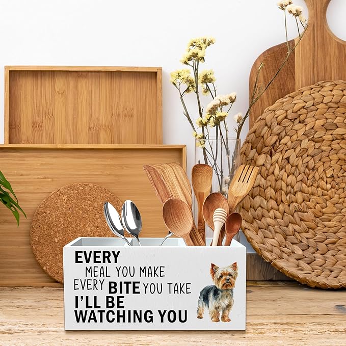 Yorkshire Terrier Dog Kitchen Utensil Holder for Countertop, Dog Decorative Lover Gifts, Funny Every Meal You Make Every Bite You Take Wooden Utensil Holder Organizer for Kitchen Table Decor