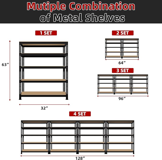 5 Tier Garage Storage Shelves - 32" W x 16" D x 63" H Adjustable Heavy Duty Metal Shelving Unit, Garage Shelving Utility Storage Rack for Basement, Pantry, Kitchen, Black, 4 PCS