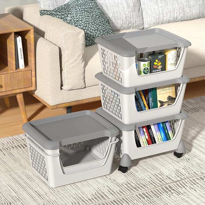 5 Pack Plastic Stacking Baskets with Wheels, Large Open Front Storage Basket, Grey