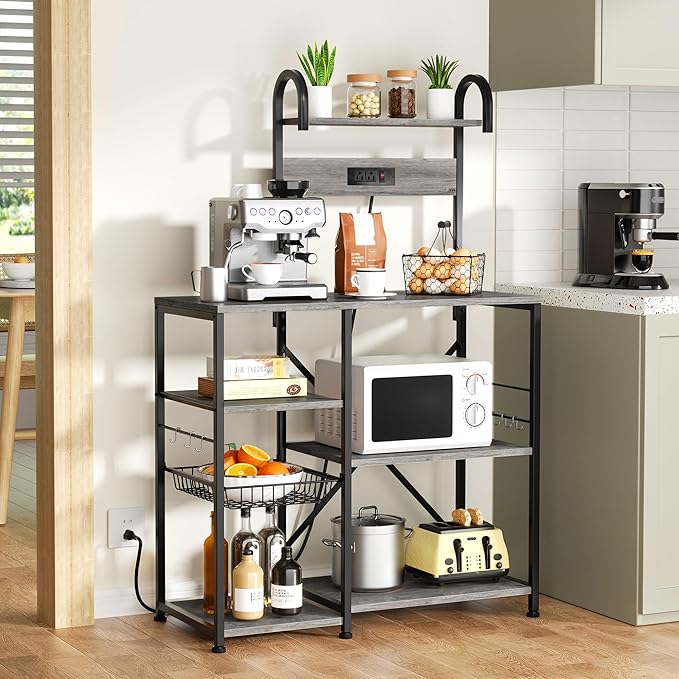 JAMFLY Bakers Rack with Power Outlet, Microwave Stand, kitchen Storage Shelf with 6 Hooks, Coffee Bar Station with Wire Basket, 6 Tier Kitchen Rack for Living Room, Spice, Pots and Pans Organizer
