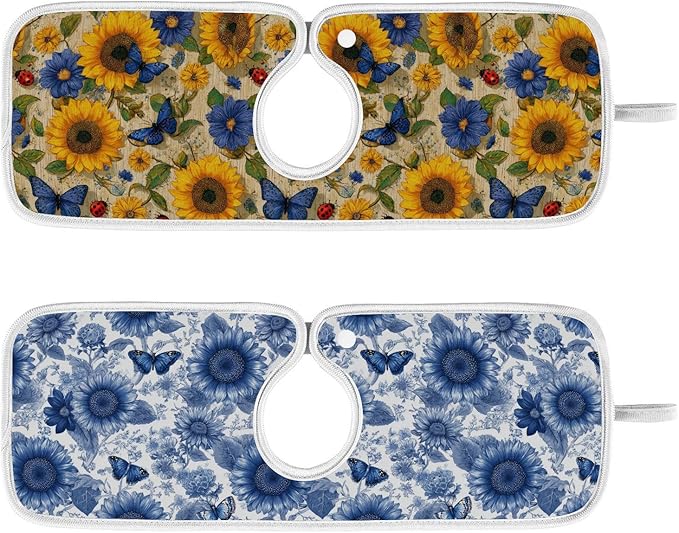 2 PCS Kitchen Sink Splash Guard 14.9 Inch Faucet Mat for Kitchen Sink Bathroom Sink Faucet Absorbing Drip Drain Mat Pad Microfiber Soft Washable Vintage Beige and Blue Sunflowers Butterflies