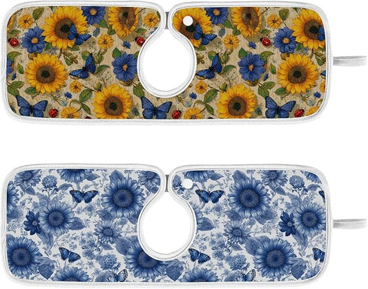 2 PCS Kitchen Sink Splash Guard 14.9 Inch Faucet Mat for Kitchen Sink Bathroom Sink Faucet Absorbing Drip Drain Mat Pad Microfiber Soft Washable Vintage Beige and Blue Sunflowers Butterflies