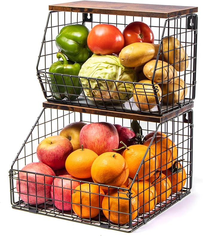 Kitchen Storage Baskets Fruit and Vegetable Baskets for Kitchen Countertop, 2 Sets Wire Wall Fruit Basket, 2 Tiered Hanging Produce Onion Potato Storage Snack Door Pantry Organizer