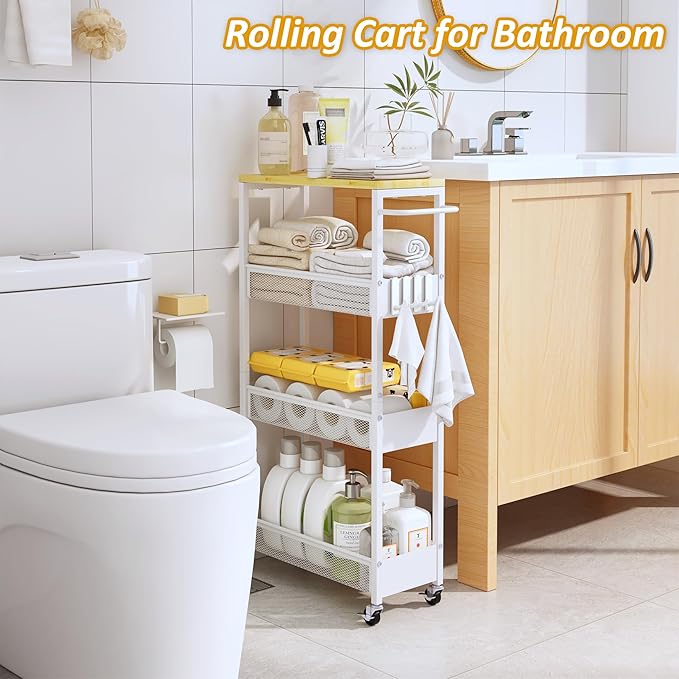 Slim Storage Cart on Wheels, 4 Tier Metal Narrow Rolling Cart with Handle and Wood Top, Multifunctional Small Mobile Shelf Unit Organizer Trolley for Laundry, Bathroom, Kitchen