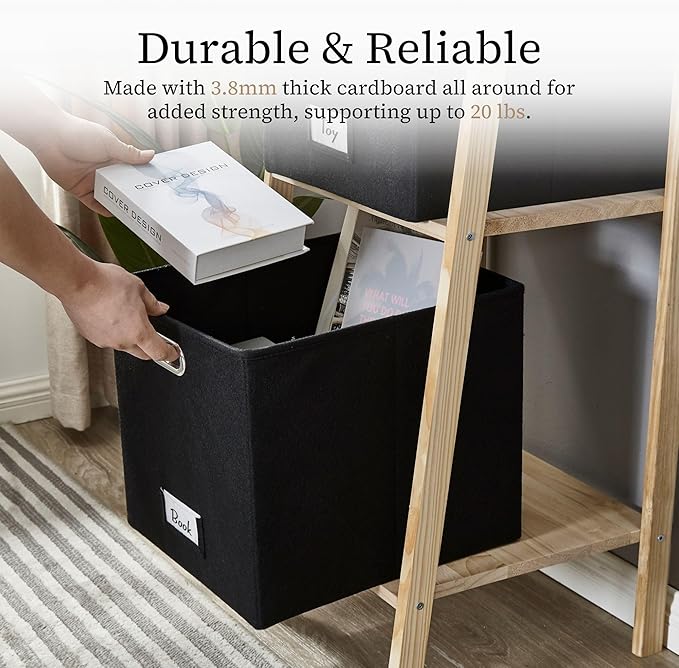 DECOMOMO Black Storage Bins, 11 inch Cube Storage Bin with Labels, Felt Baskets (Cube 11" / 6pcs, Black)