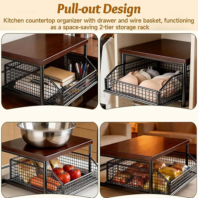 Kitchen Countertop Organizer with Drawer and Wire Basket, 2-Tier Hardwood Shelf for Microwave, Sturdy Hardwood Shelf, Space-Saving, for Storage in Family Tables, Kitchens, Bedroom Home (1, A-3)