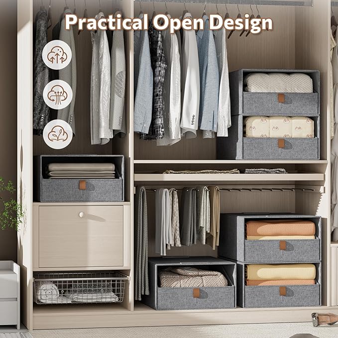 4-Pack Storage Bins with Drawers Large Closet Organizers and Storage Stackable Fabric Clothes Storage Box Collapsible Closet Drawers Organizer for Bedroom Living Room Under Bed (Deep Grey, 21L*4)