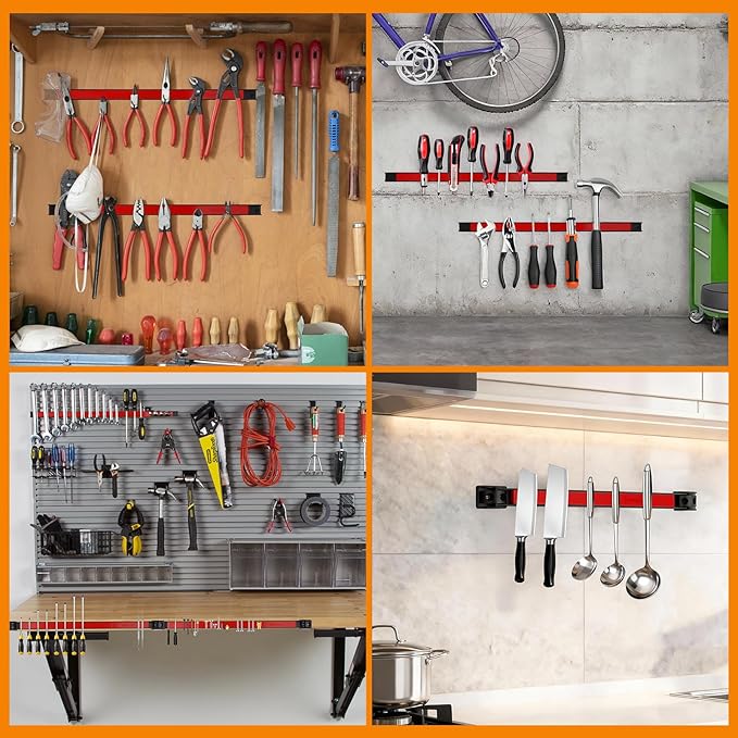 24" Magnetic Tool Holder Strip, 4 Pieces Red Metal Tool Organizer Rack with Stainless Steel Surface, Magnet Bar for Garage Workshop, Easy To Install with Mounting Screws