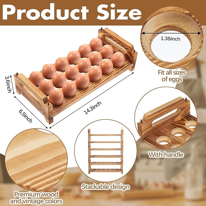Maxcheck 6-tier Stackable Egg Holder Wooden Egg Storage Rack with Handles Shelf Storage up to 108 Countertop Organizer for Kitchen, Refrigerator
