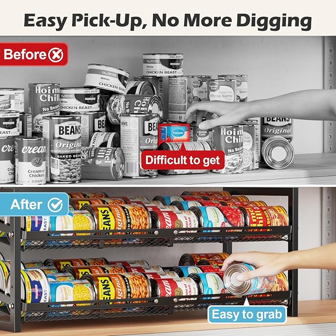 iSPECLE Extendable Can Organizer for Pantry, Adjustable Width Can Storage Organizer for 96 Cans, Heavy Duty Auto Rolling Dispenser Rack, Stackable Metal Shelf for Soup Spices Snacks, Black