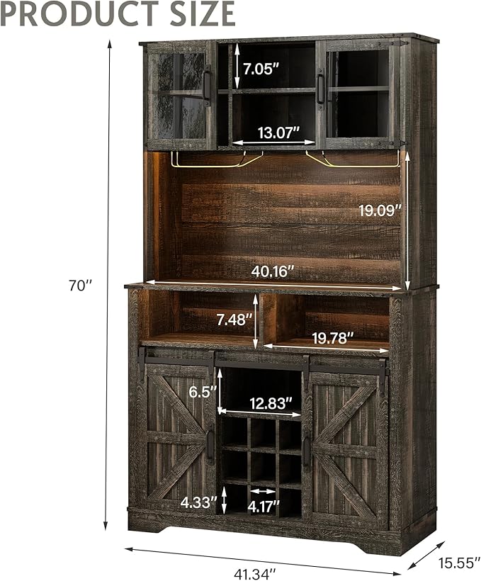 Farmhouse Coffee Bar Cabinet with Sliding Barn Door, Buffet Cabinet with Hutch, Kitchen Pantry Cabinet with Power Outlet & Lighting, Tall Liquor Chest for Home Dining Room, Black