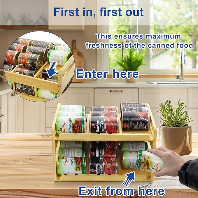 MinBoo Adjustable Can Organizer Rack, Two Tier Bamboo Stackable FIFO Cans Dispenser, Modern Style, Countertop, Assembly Required, Anti Shedding