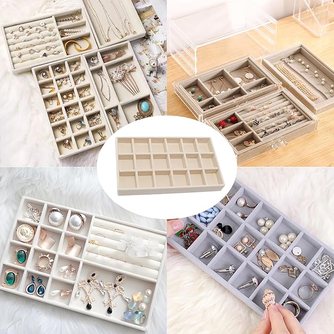 Velvet Jewelry Organizer Trays Beige Stackable Jewelry Storage Display Tray with Removable Dividers, 18 Grids