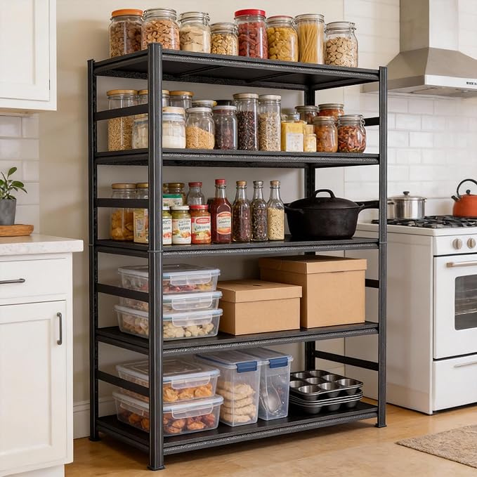 Kitchen Storage Shelves, 47.2"W × 23.6"D × 72"H Heavy Duty Durable Metal Shelving Unit, 5-Tier Adjustable Pantry Shelf, Food and Beverage Organization and Storage Shelves,Shelf Organizer, Black