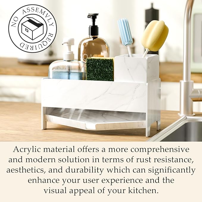 Sponge Holder for Kitchen Sink, Acrylic Sink Caddy Organizer with Removable Brush Holder, Soap Dispenser Countertop Organizer with Marble Texture, Kitchen Organizers Storage, White