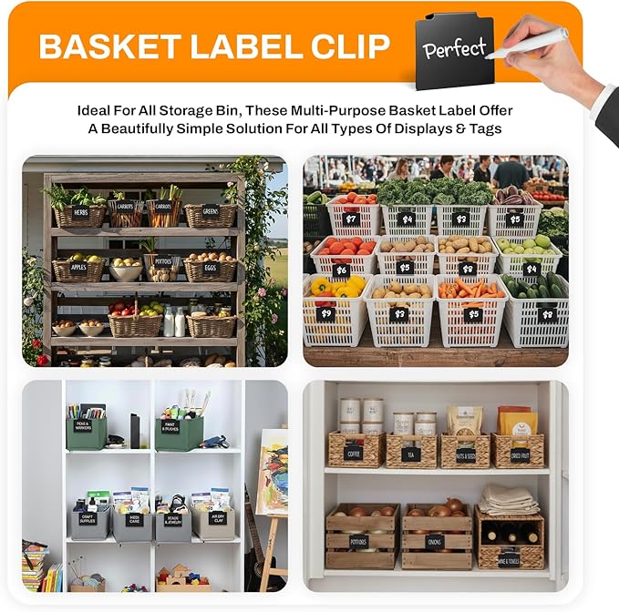 12 Pcs Basket Labels Clip on for Pantry Organization and Storage bin Labels with 2 Markers and 2 Wipe Cloths Reusable Chalk Basket Labels - Black Bin Labels Clip on Chalkboard Basket Tags