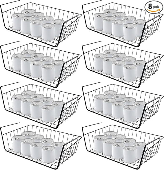8 Pcs Under Shelf Basket, Hanging Under Cabinet Wire Storage Rack Slides Under Wire Shelves for Counter Pantry Desk Bookshelf,Black