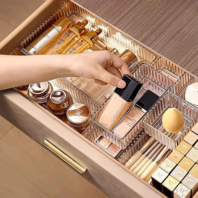 HOTOOLME 14PCS Clear Drawer Organizers Bins, 4 Size Clear Makeup Drawer Organizer, Stackable Vanity Drawer Organiser Trays, Bathroom Drawer Storage for Cosmetics, Office Supply