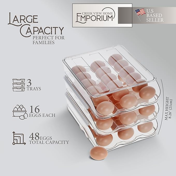 Creekview Home Emporium Egg Container for Refrigerator - Clear Stackable 3 Tier Plastic Egg Holder Drawer - 4 Dozen Capacity Farm Eggs Organization Storage Trays for Fridge or Kitchen Counter