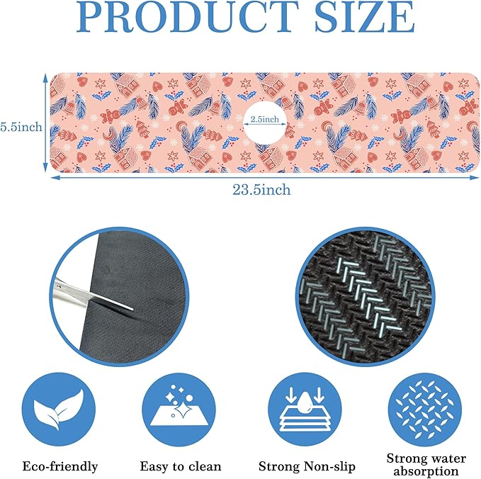 Faucet Mat Splash Guard Christmas Gingerbread Man Feather Bell, Soft Diatom Mud Material, Strong Water Absorption, Non-slip,Easy to Clean for Bathroom, Kitchen 23.5"X5.5"