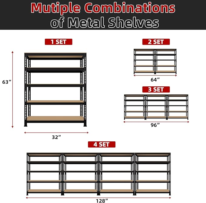5 Tier Garage Storage Shelves - 32" W x 16" D x 63" H Adjustable Heavy Duty Metal Shelving Unit, Garage Shelving Utility Storage Rack for Basement, Pantry, Kitchen, Black, 2 PCS