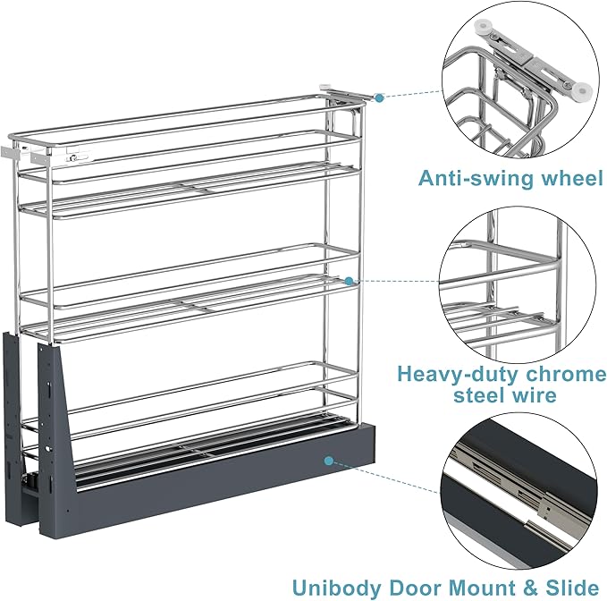 Pull Out Spice Rack for Narrow Cabinet (4⅛" W X 19⅔" D), Heavy Duty 3 Tier narrow PullOut Cabinet Organizer and Slide Out Shelves for inside Base Cabinets, Filler Pantry Storage