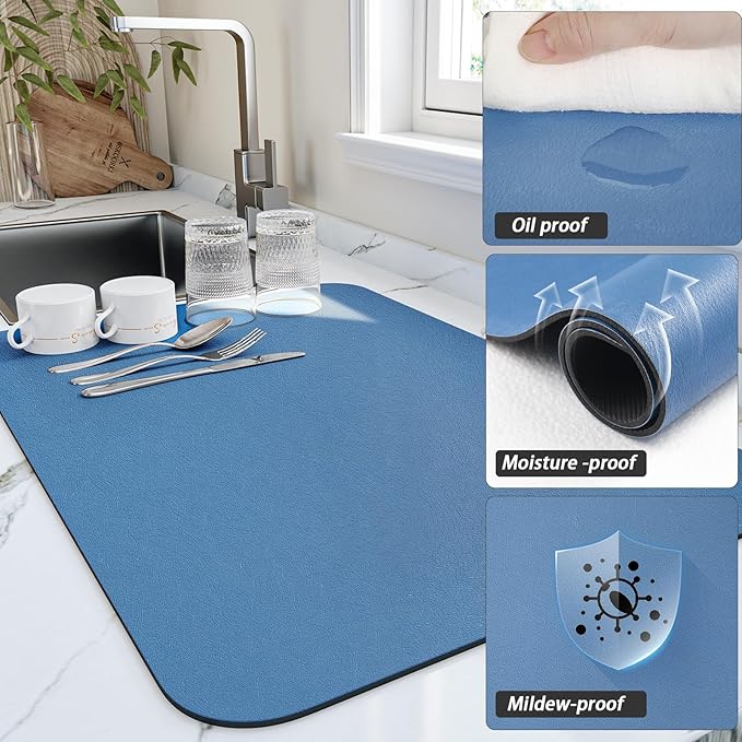 Dish Drying Mat for Kitchen Counter, Heat Resistant Drainer Mats with Non-slip Rubber Backed, Hide Stain Kitchen Super Absorbent Draining Mat, Easy to Clean Dish Rack Pad, Blue 16"x18"
