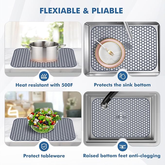 Bestjing Silicone Sink Protector for Kitchen Sink - 18.3''x12.5'' Kitchen Grid Accessory, Non-slip Heat Resistant Grid Dry Mat for Bottom of Porcelain Stainless Steel, Dishwasher Safe