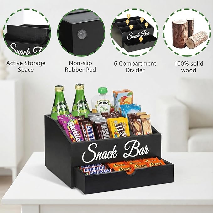 Snack Organizer for Countertop, Wooden Snack Tray and Food Storage Organizer Bins for Kitchen, Office, Large 6-Compartment Snack Bar Organizer with Drawer, Snack Containers for Chips and Candy