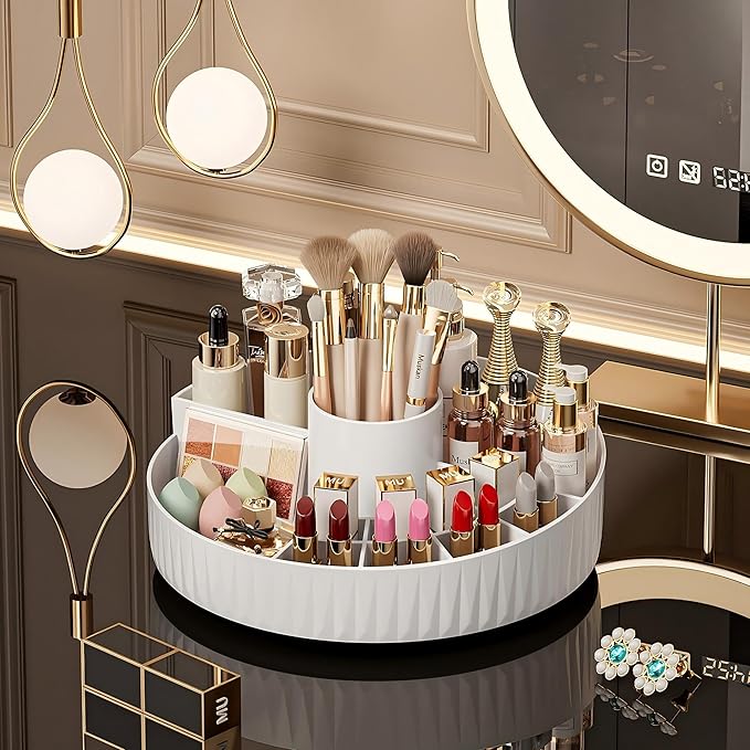 360° Rotate Makeup Organizer, Countertop Skincare Organizer, Large Capacity Multi-Compartment Makeup Brush Lipstick Skincare Organizer, Cosmetic Storage for Dresser Vanity & Bathroom (White)
