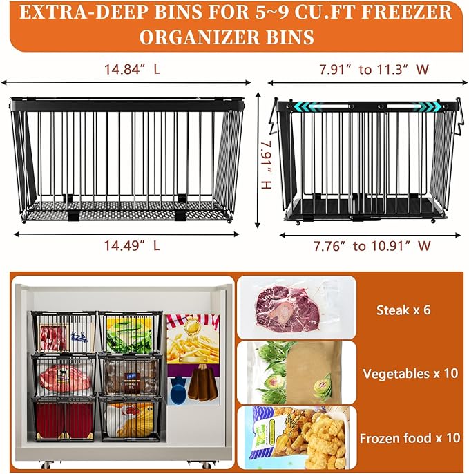 Large Freezer Organizer Bins，Upgraded Bottom Leak-Proof net，Fit 5 to 9 Cu Ft Chest Freezer，3 Pack， Expandable Stackable Chest Freezer Containers with Handle (Black-3Pack)