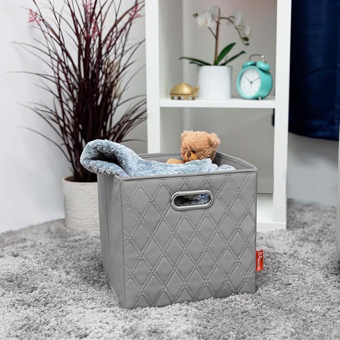 FH Group JIAessentials 13" Faux Leather Foldable Storage Cube Bins Set of 2 – Gray Diamond Patterned Organizers with Handles for Closet & Shelves